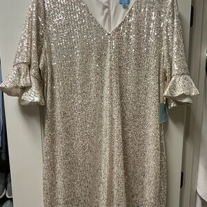 CeCe Sequin V-Neck Dress with Ruffle Sleeves
